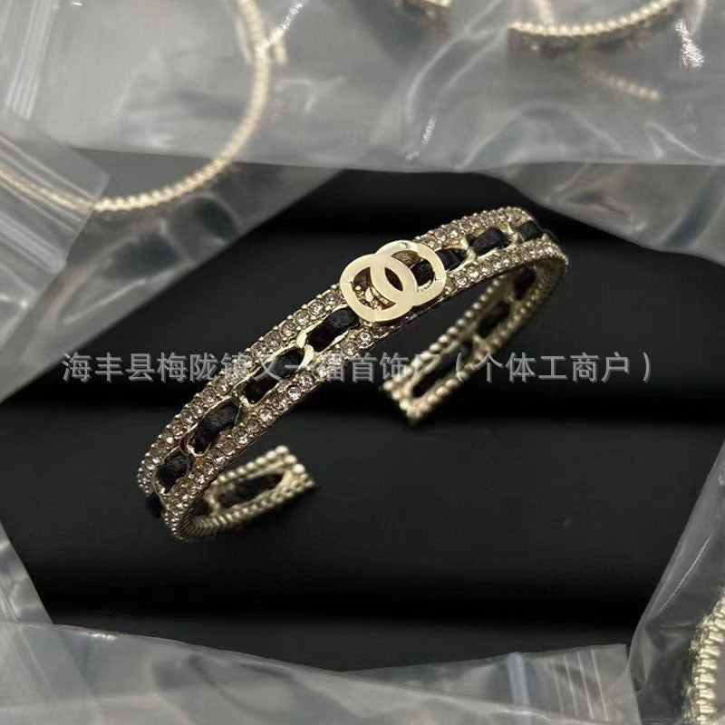 Wholesale New Double C Letter Diamond Piercing Leather Small Chanel Style Bracelet Retro Fashion All-match Bracelet